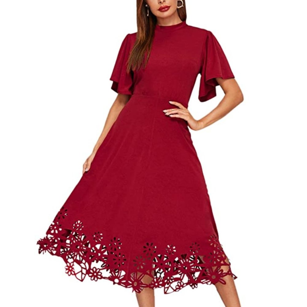 NWT Wine/Burgundy Lace Trim Flutter Sleeve Maxi